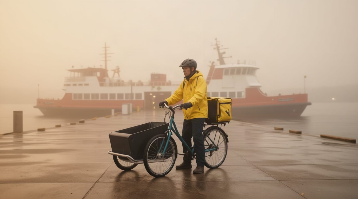 Courier and cargo bicycle beside a ferry in a warmer, closer follow-up scene.