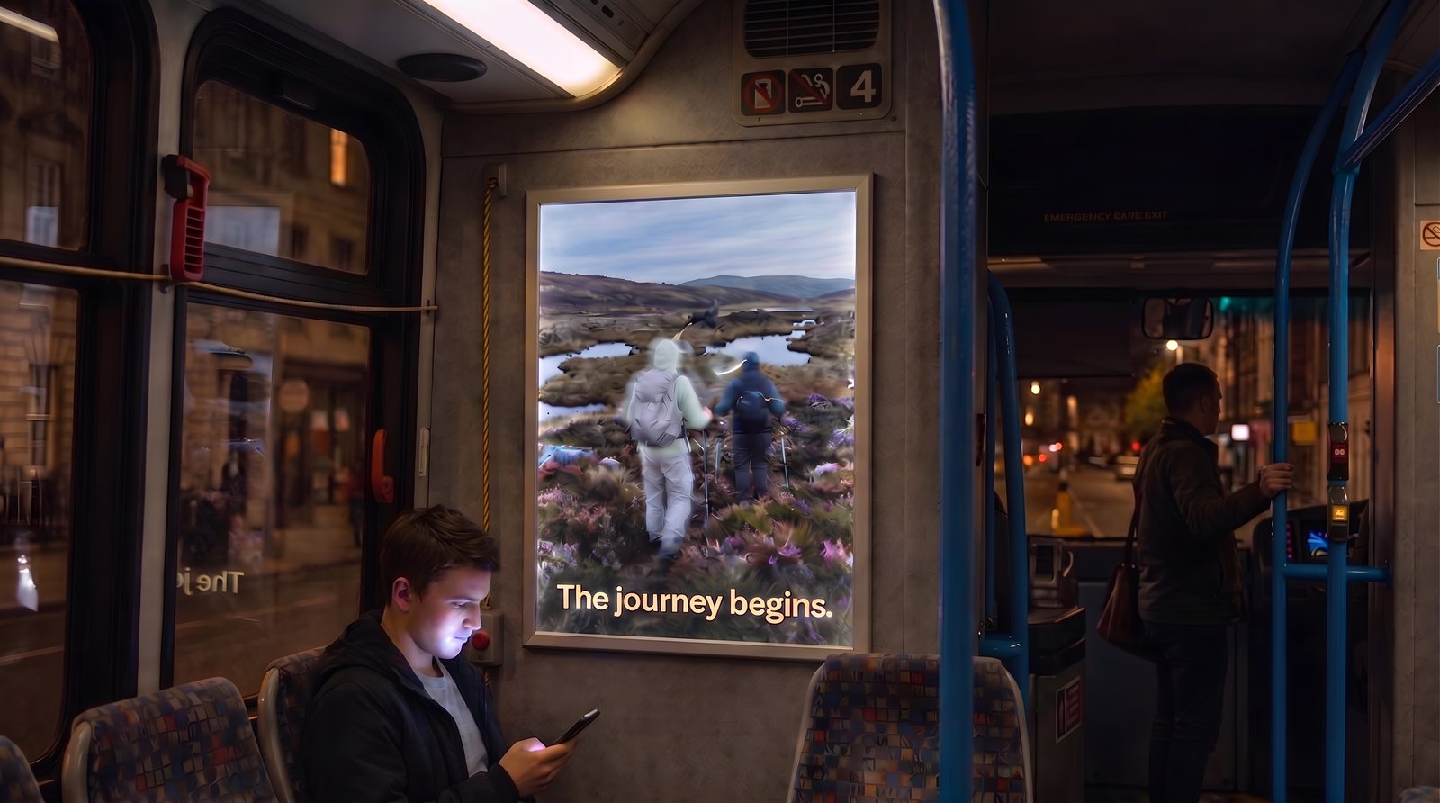 Campaign poster concept displayed in a warmly lit interior beside a person looking at their phone.
