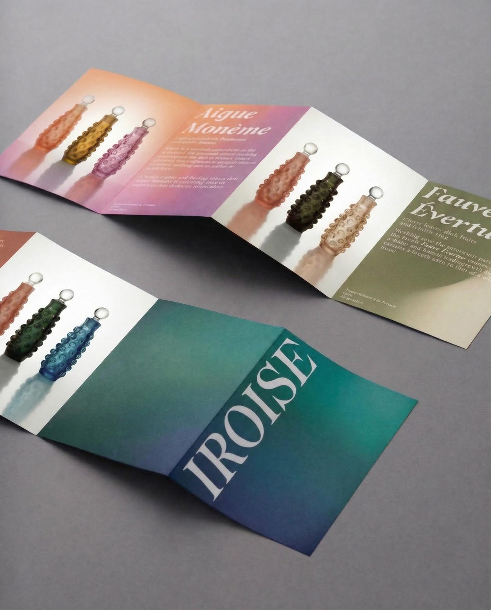 Two open jewelry brochures combining bracelet photography, typography and gradient color treatments.