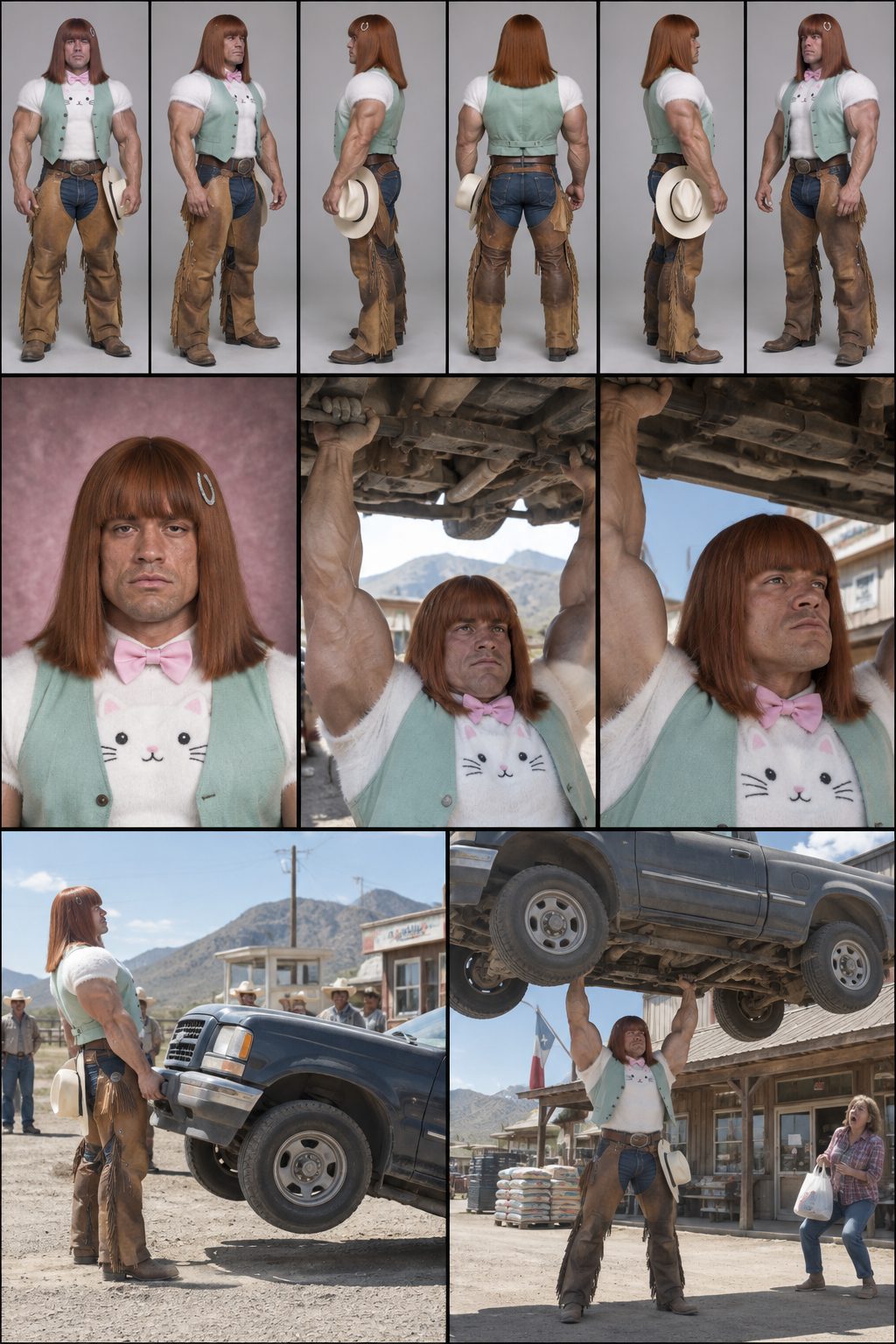 AI character sheet of Wade Brumley, a muscular cattle-scale attendant with a long auburn bob, cat bow tie and chaps, in a turnaround, portrait and lifting pickups in Alpine, Texas.
