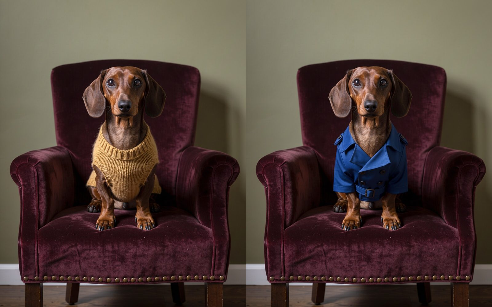 A dachshund in a velvet armchair shown twice, first in a mustard knitted sweater and then in a blue trench coat, everything else unchanged