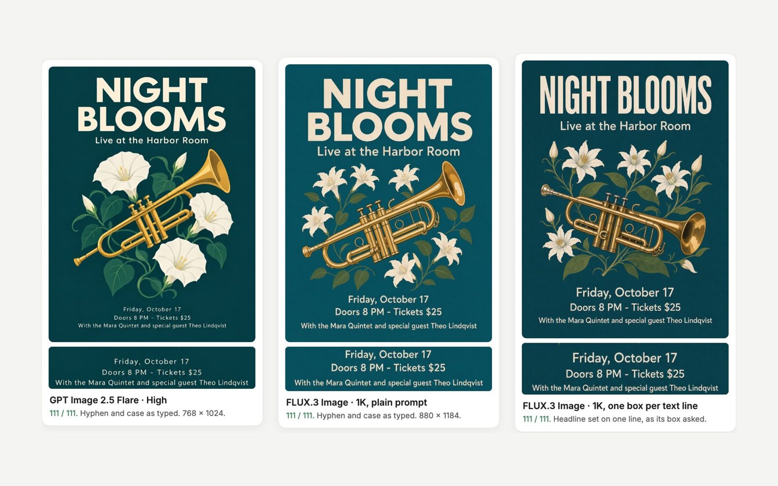 Jazz-night posters from GPT Image 2.5 Flare and FLUX.3 Image, plain prompt and one box per text line, each with a close-up of the small print and its character count.