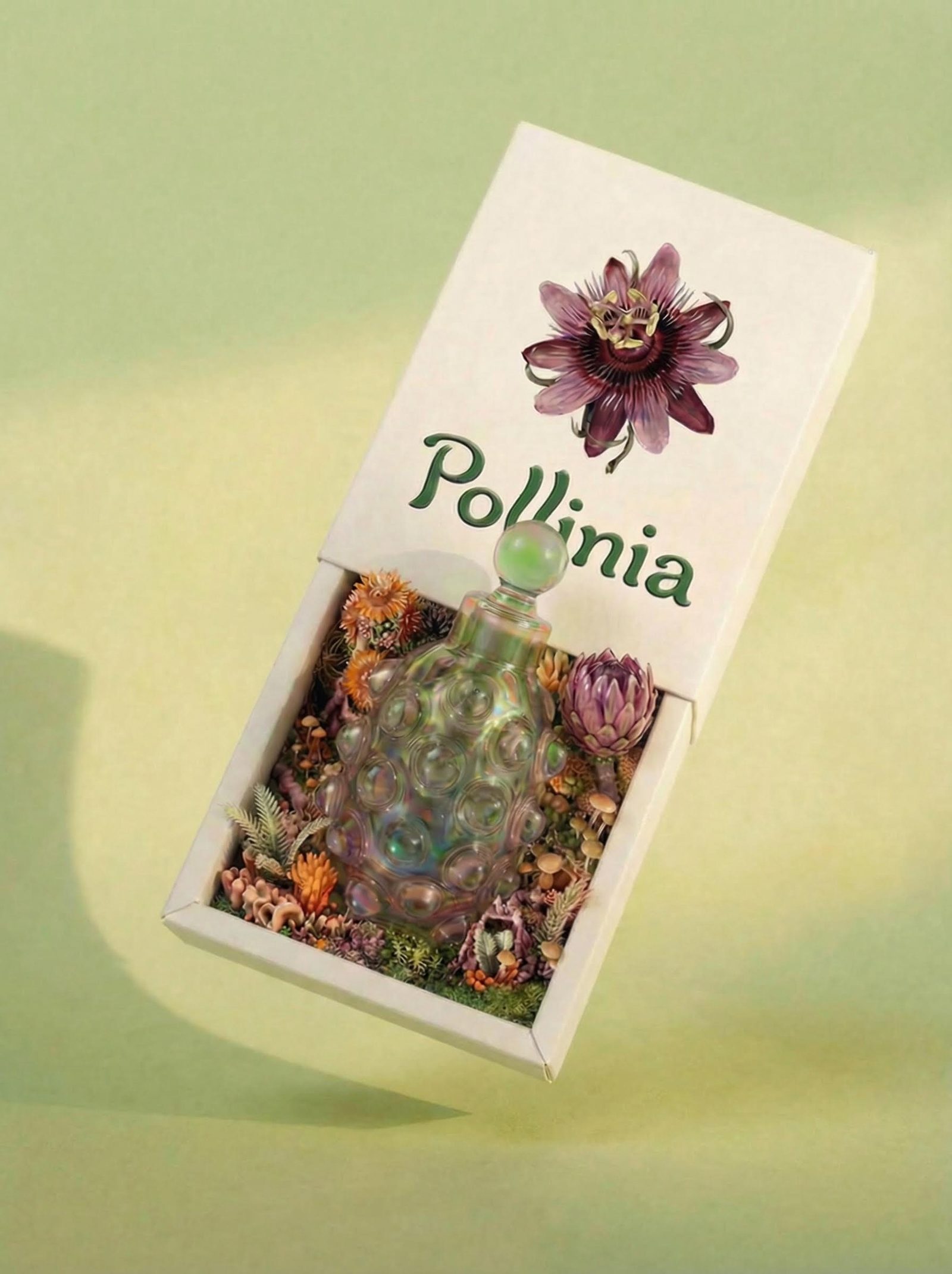 Pollinia perfume packaging concept with floral artwork and a bottle arranged against a soft green background.