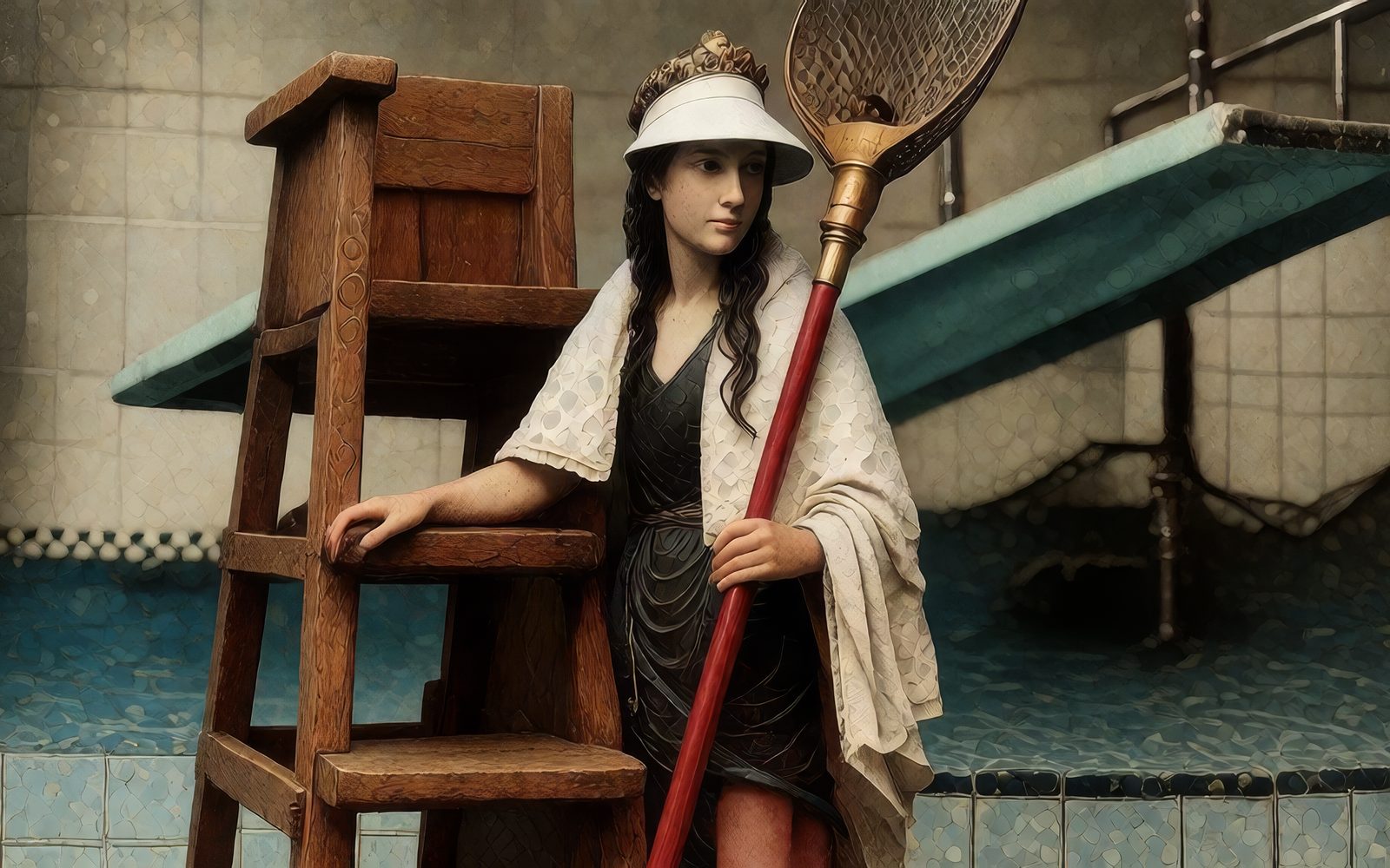 Statue-like lifeguard in a white sun visor and draped towel stands by a wooden lifeguard chair, hand on its step, holding a red pool skimmer