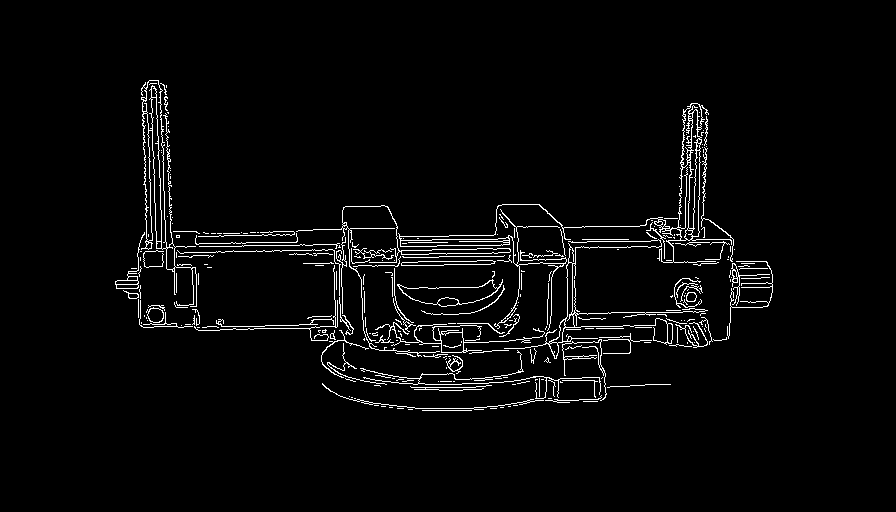 Actual Canny edge map tracing the fine mechanical outlines of a steel bench vise.