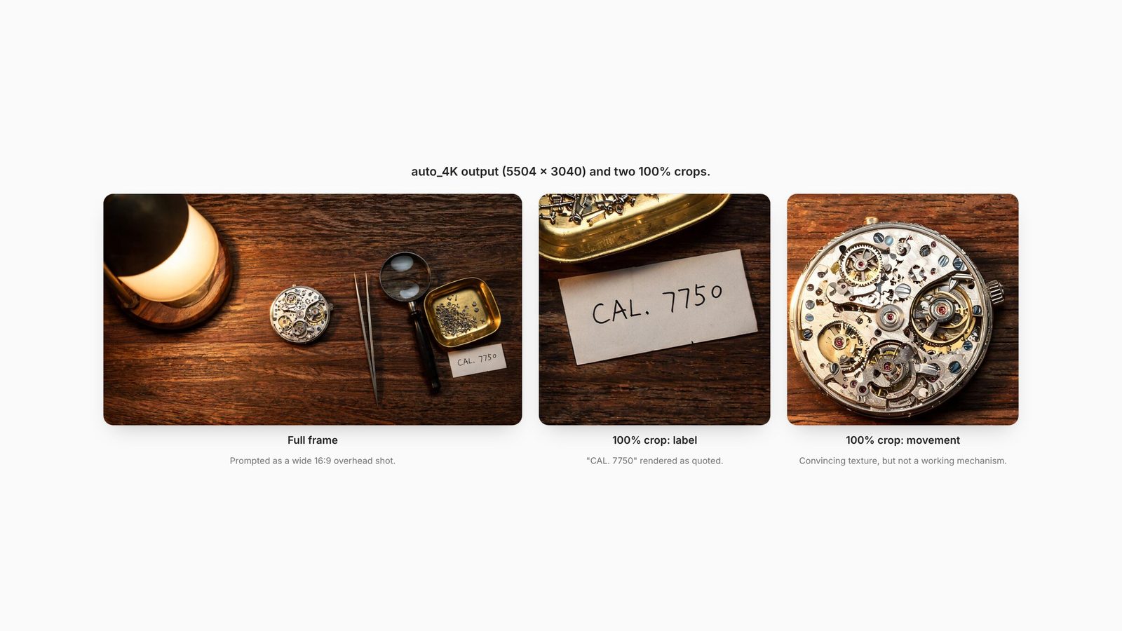 Seedream 5.0 Lite auto_4K watchmaker's bench at 5504 by 3040 pixels, with 100 percent crops of a handwritten CAL. 7750 label and the watch movement.