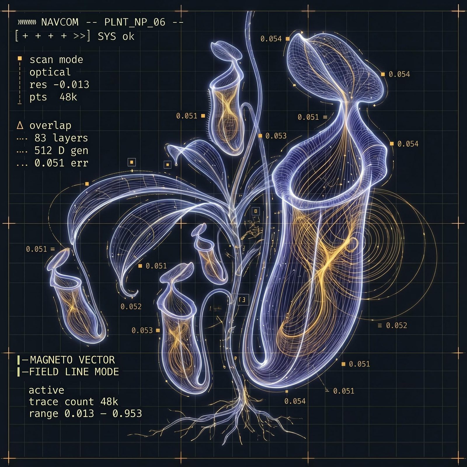 Botanical interface concept showing a glowing blue-and-gold wireframe pitcher plant with grid lines and data annotations.