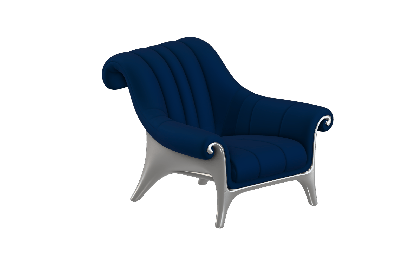 Cobalt upholstered sculptural chair with a silver metal frame, generated with Hunyuan3D V3.