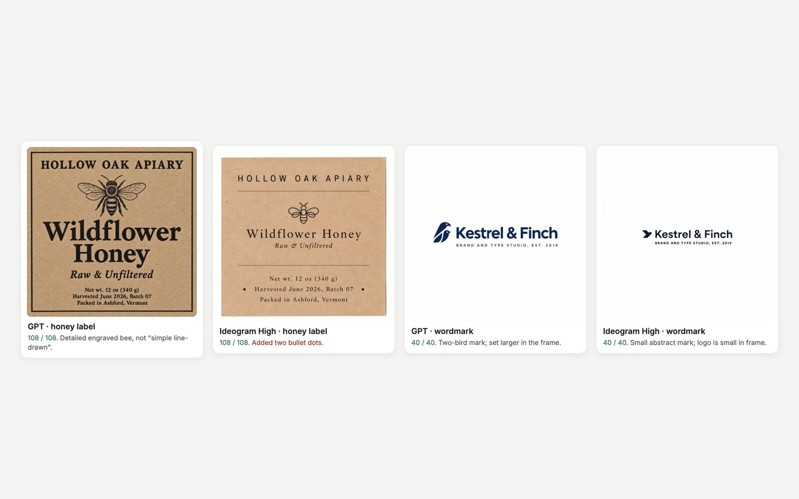 Honey jar labels and Kestrel & Finch wordmarks from GPT Image 2.5 Flare and Ideogram 4.5 High, all spelled correctly.
