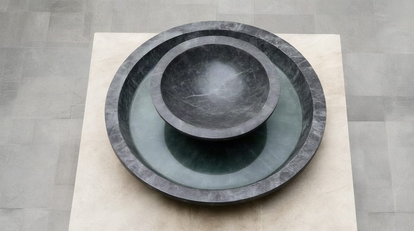 Black stone fountain viewed from above, revealing its nested basins and surrounding paving.