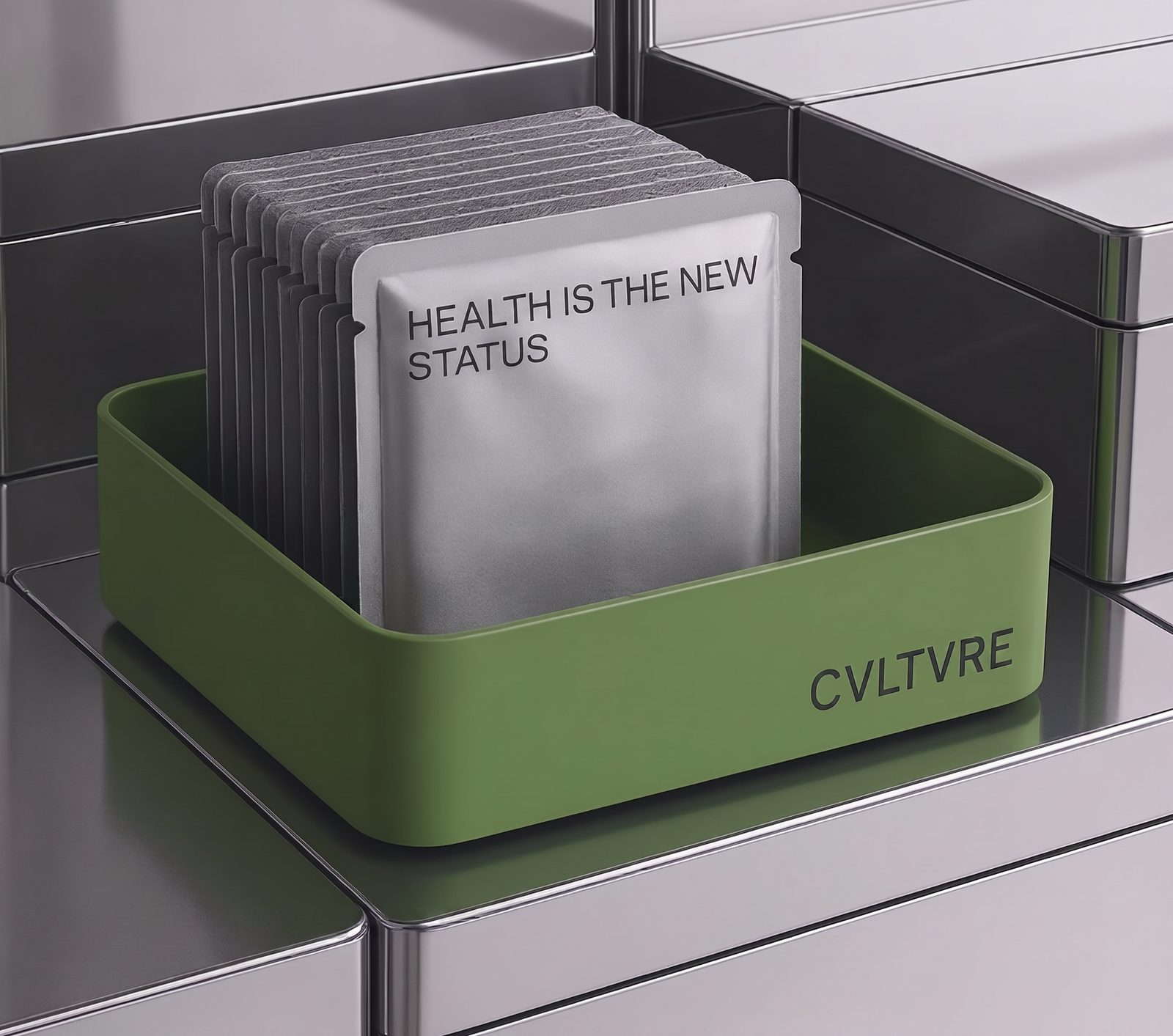 Brand packaging concept with silver sachets in a green CVLTVRE tray on a metallic surface.