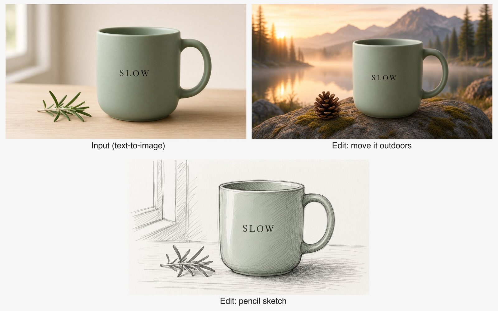 A sage-green SLOW mug and two Grok Imagine Image v2.0 edits of it: moved onto a mossy rock by a mountain lake, and redrawn as a pencil sketch.