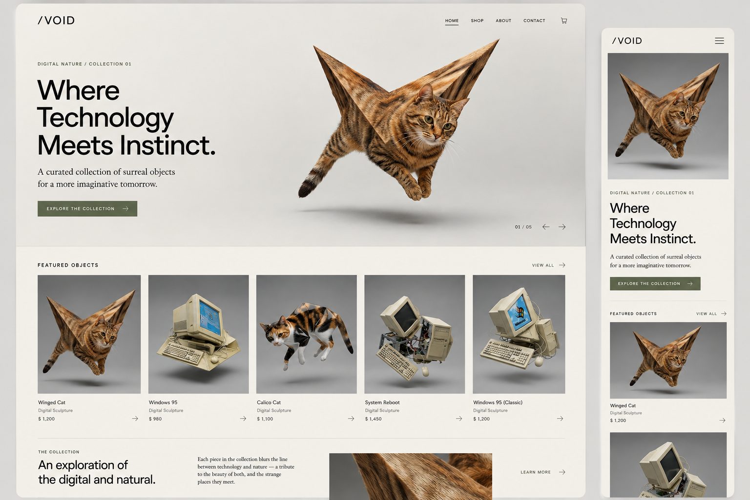 Desktop and mobile website design concept featuring origami-inspired animals and the heading Where Technology Meets Instinct.