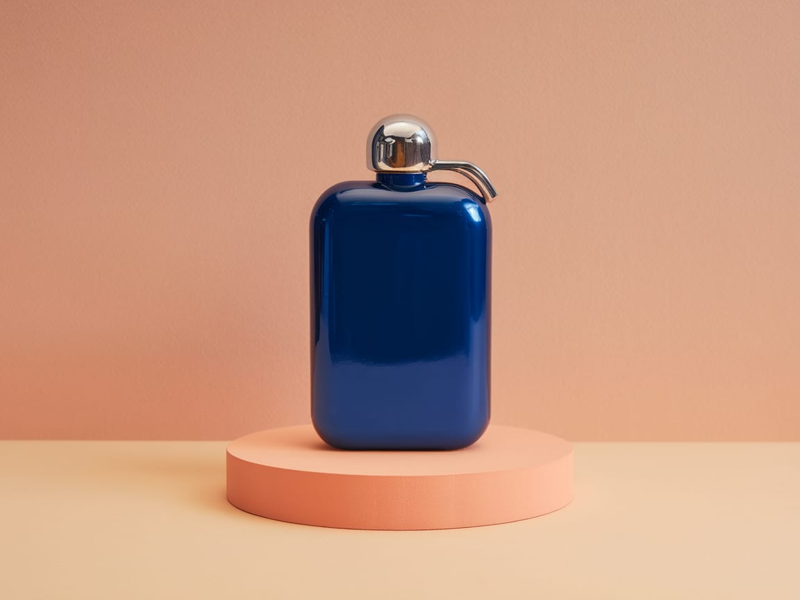 Cobalt blue flask on a peach pedestal in a warm editorial product scene.