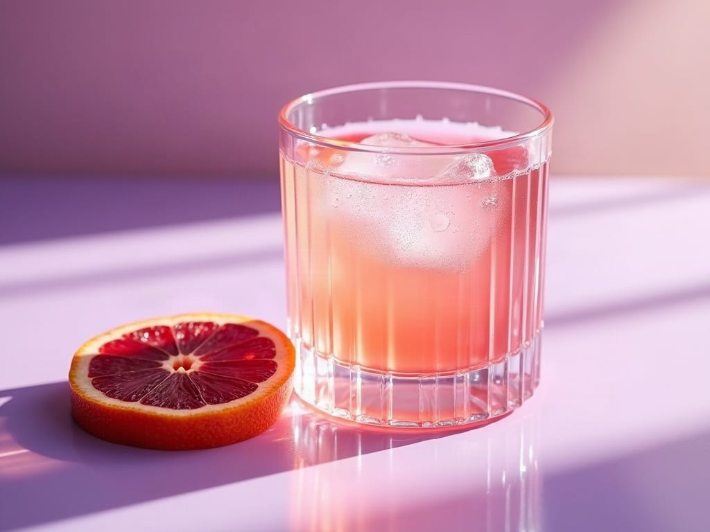 Ribbed glass of pink citrus drink with ice and a blood orange on lilac acrylic, generated with FLUX.1 Dev.