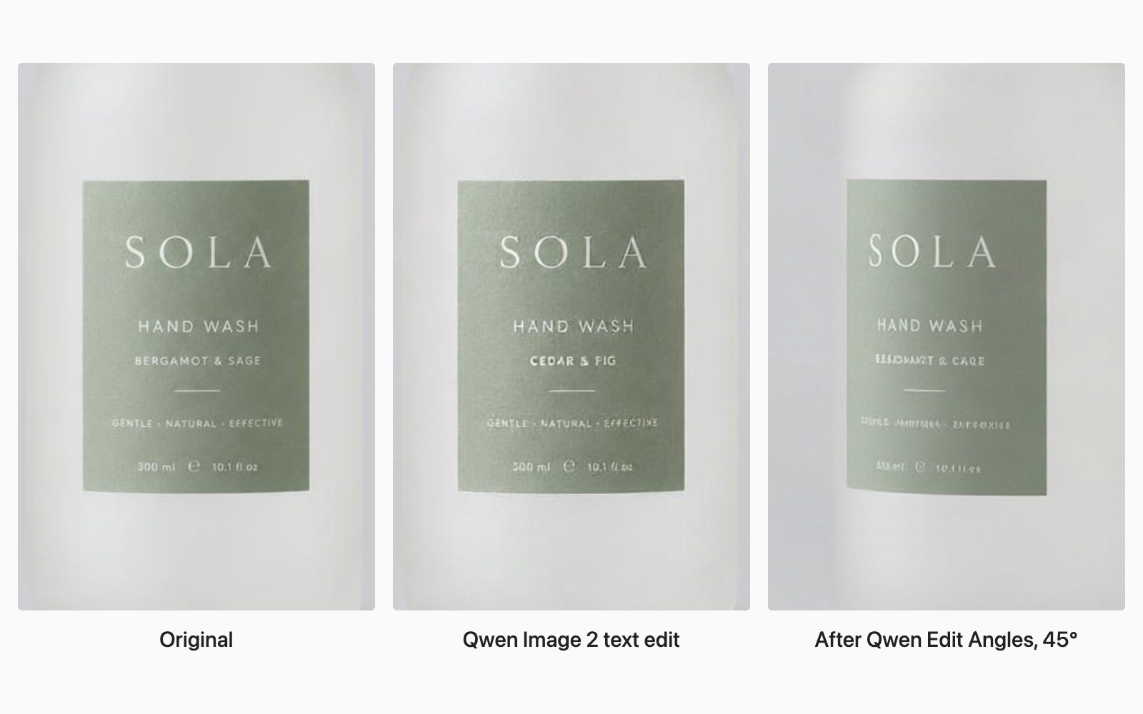 Label close-up: the original reads Bergamot and Sage, the Qwen Image 2 edit reads Cedar and Fig, and the 45-degree angle output has illegible small text.