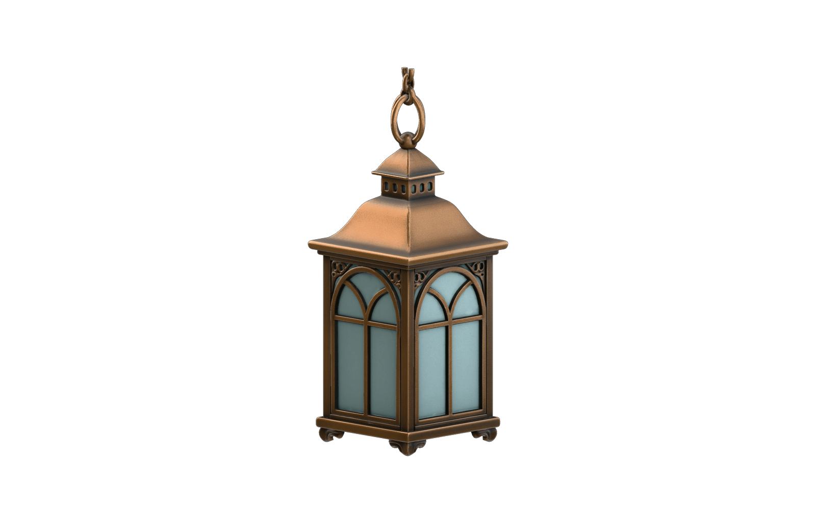 PBR brass lantern with blue glass panels retextured by Meshy