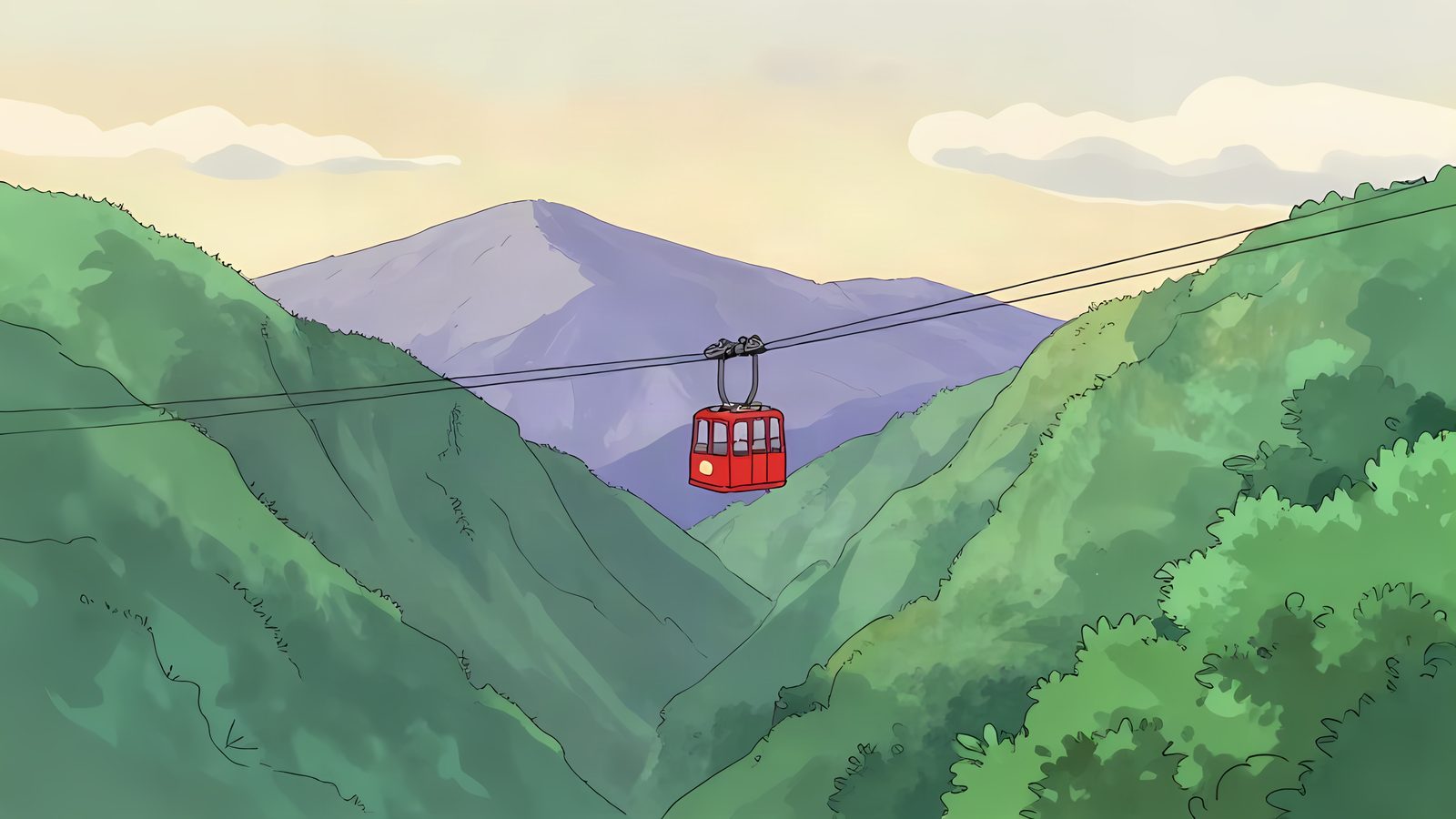 Illustrated red cable car over a green mountain gorge, enlarged using the actual ESRGAN 6B anime network.