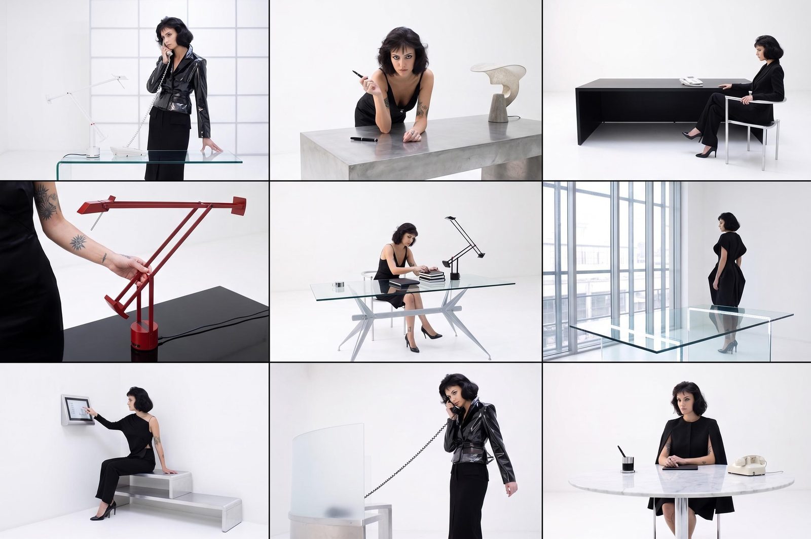 Nine-frame concept board of a woman interacting with minimalist furniture and objects in a bright white studio.