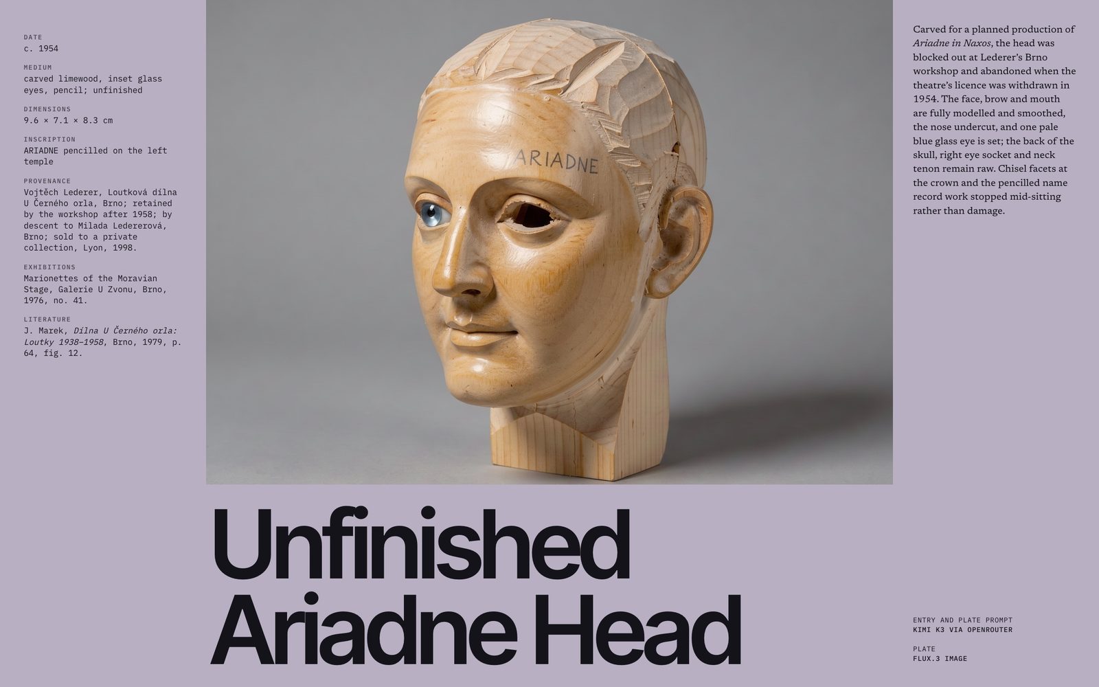 Unfinished carved limewood marionette head with one blue glass eye, an empty socket and ARIADNE pencilled on the temple, on a lilac-grey catalogue page