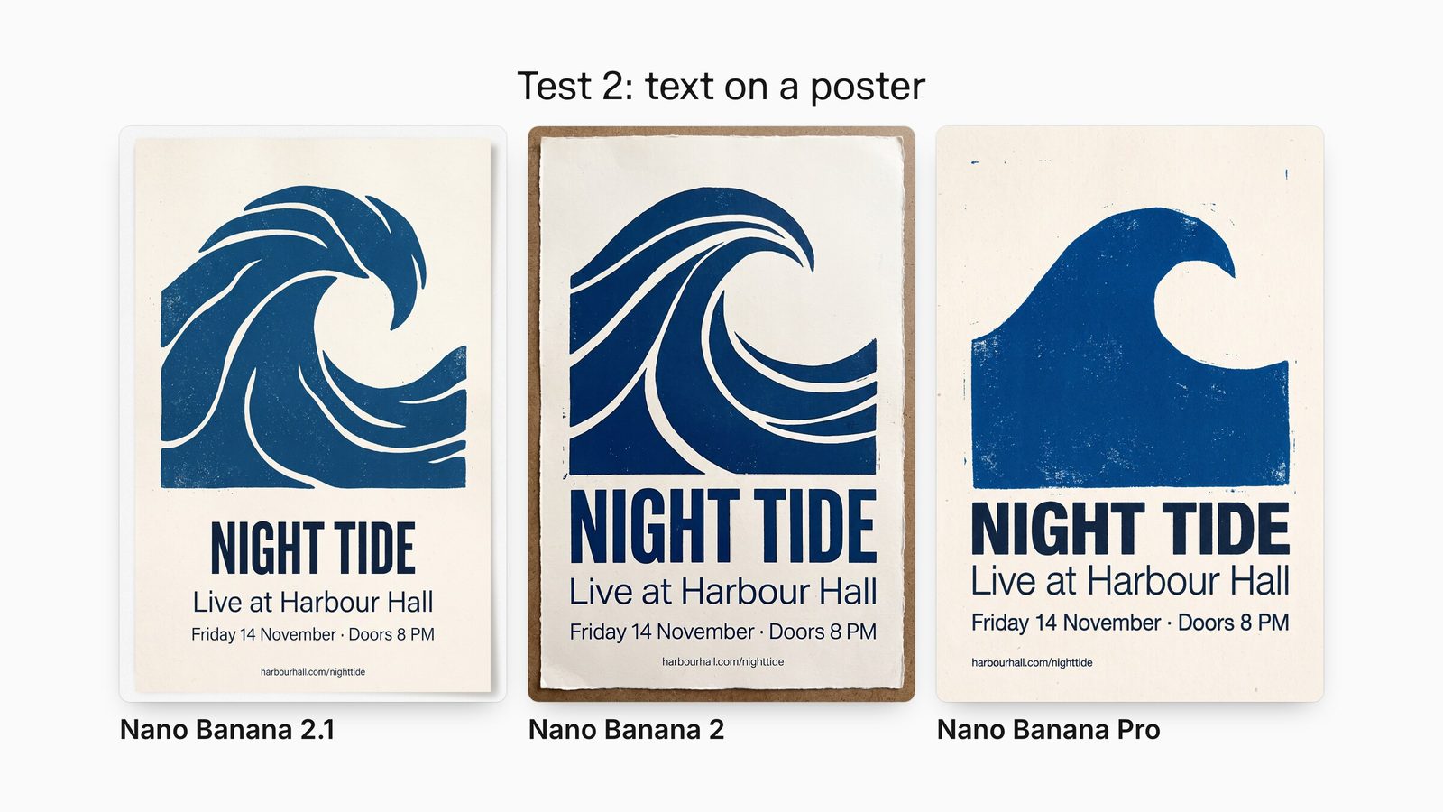 Three NIGHT TIDE concert posters from Nano Banana 2.1, Nano Banana 2 and Nano Banana Pro; all spell every requested line correctly.