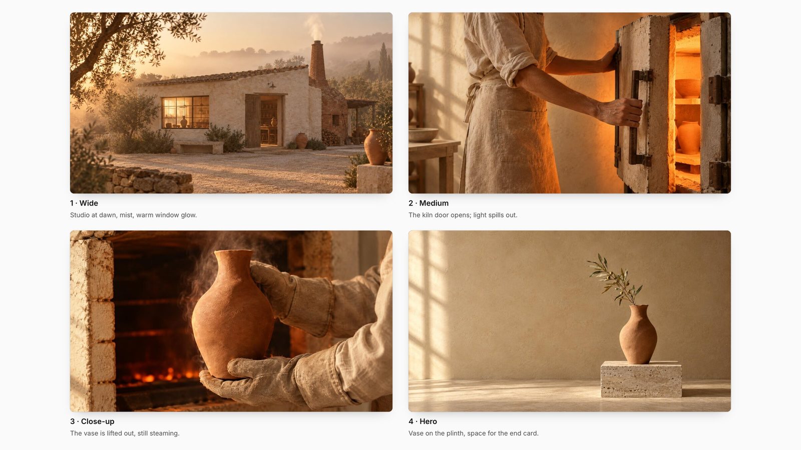 Four-shot AI storyboard for a ceramics studio: wide exterior at dawn, kiln door opening, vase lifted out, hero shot on a plinth.