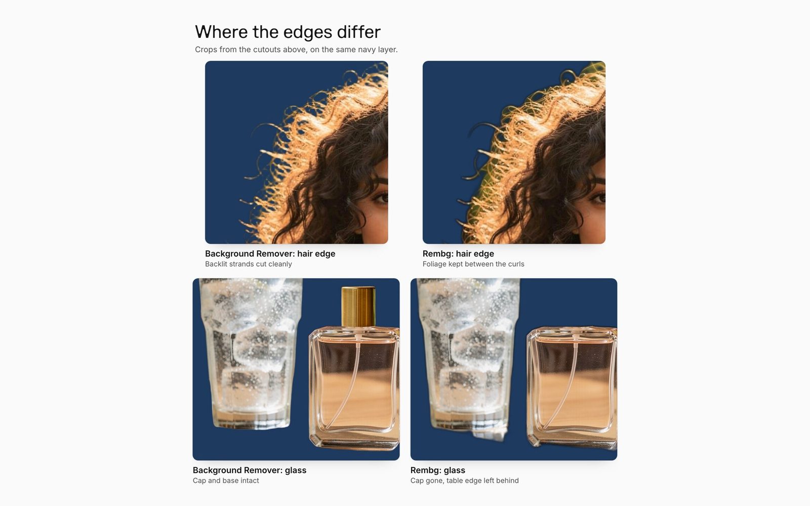Close-up crops: Bria RMBG 2.0 cuts backlit hair strands cleanly; Rembg keeps foliage between curls, removes the perfume cap and leaves a table fragment under the tumbler.
