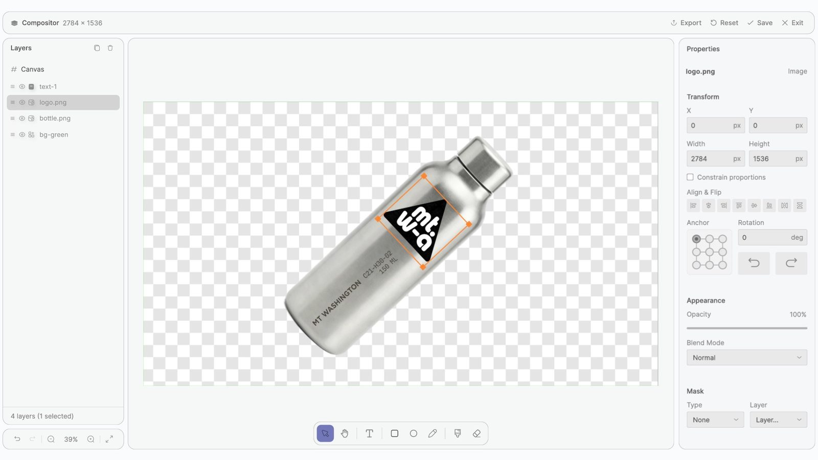 Fuser Compositor with a bottle image and a separately editable logo layer.