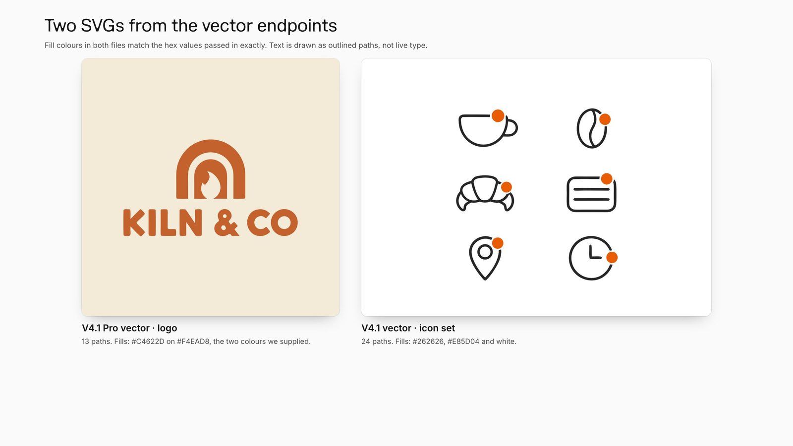 Two SVGs from Recraft V4.1 vector endpoints: a terracotta Kiln & Co logo on cream and a six-icon coffee shop line set in charcoal with orange accent dots.
