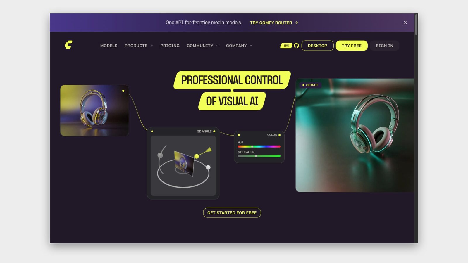 ComfyUI homepage captured 28 September 2026: Professional control of visual AI, with Desktop and Try Free options.