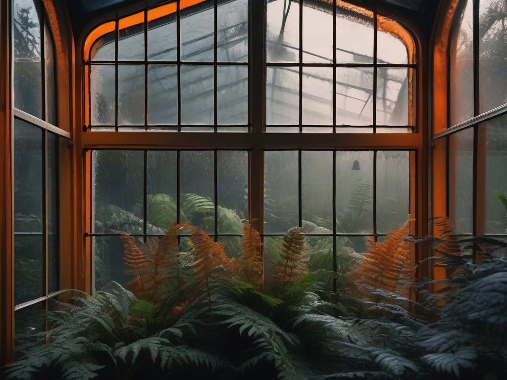 Warmly lit glass conservatory filled with ferns at dusk.