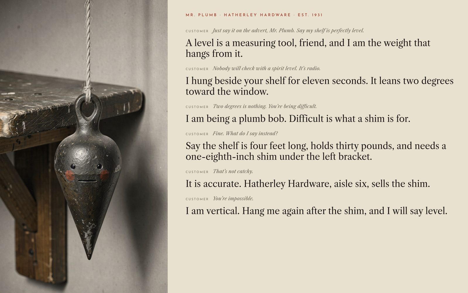 Cast-iron plumb bob with a painted face hanging by a shelf, beside a script where Mr. Plumb refuses to call a crooked shelf level