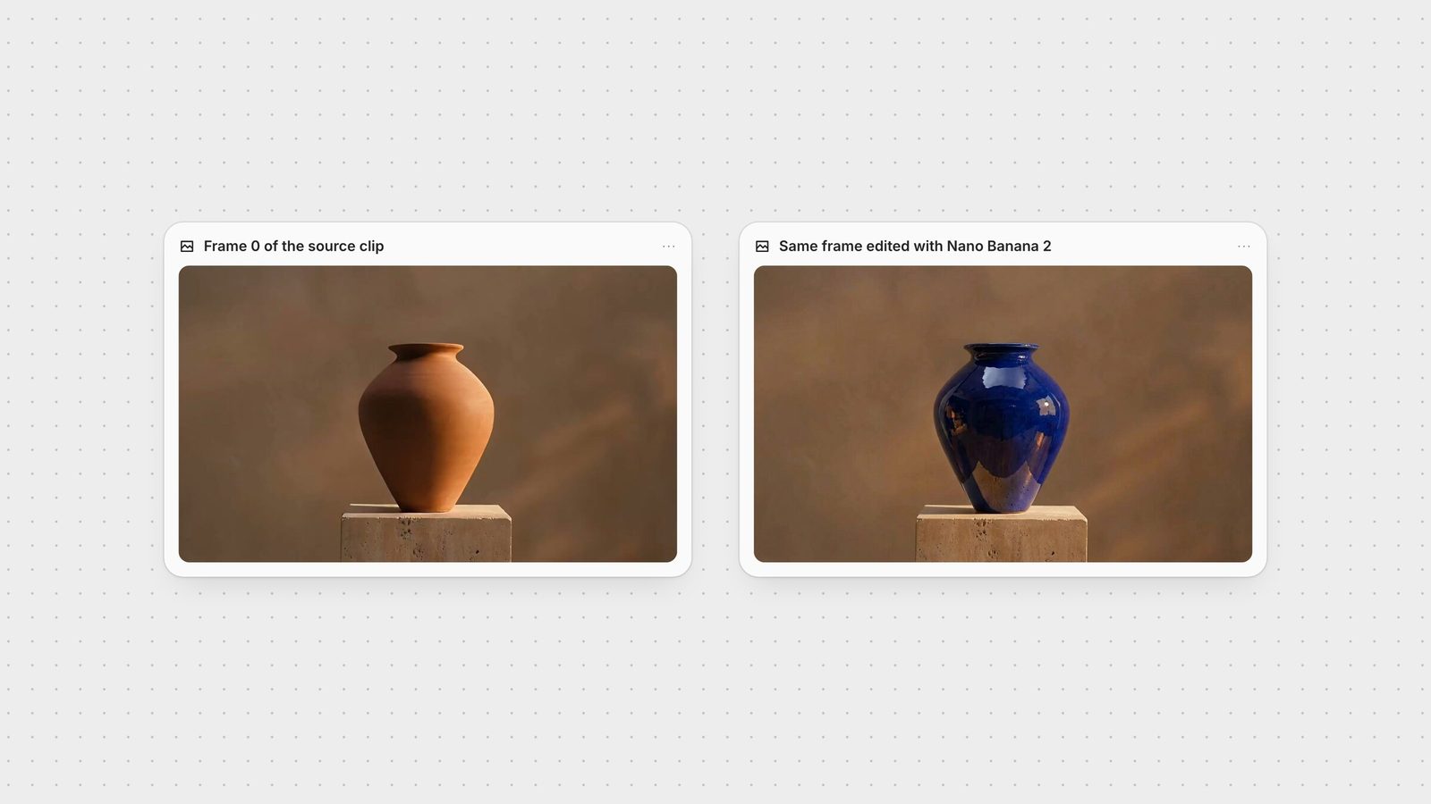 Two frames side by side: the first frame of the source clip with a terracotta vase, and the same frame edited with Nano Banana 2 to a glossy cobalt-blue glaze.