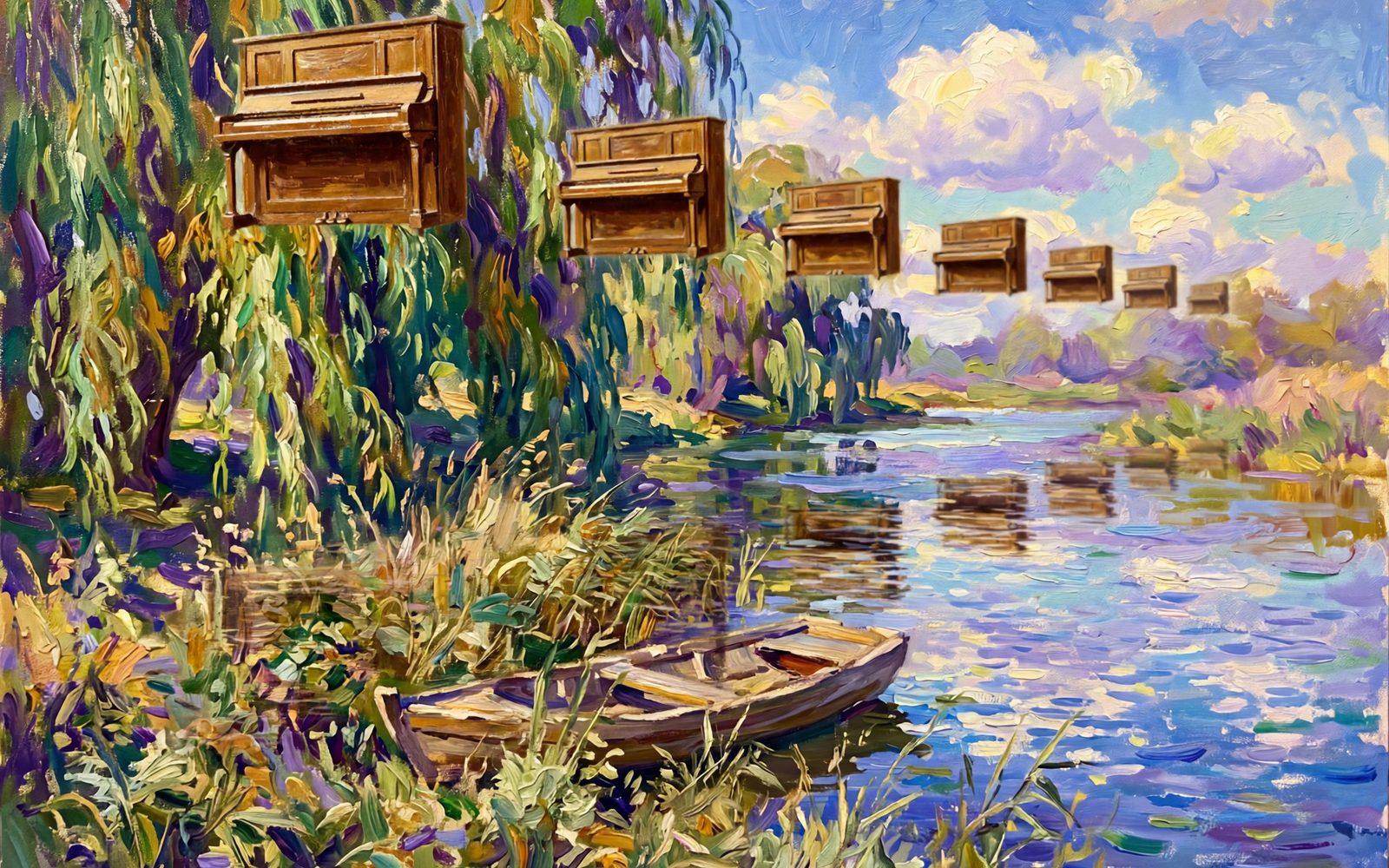 Impressionist oil painting of a willow-lined river with a rowboat in the reeds and a row of upright pianos floating in the sky, reflected in the water