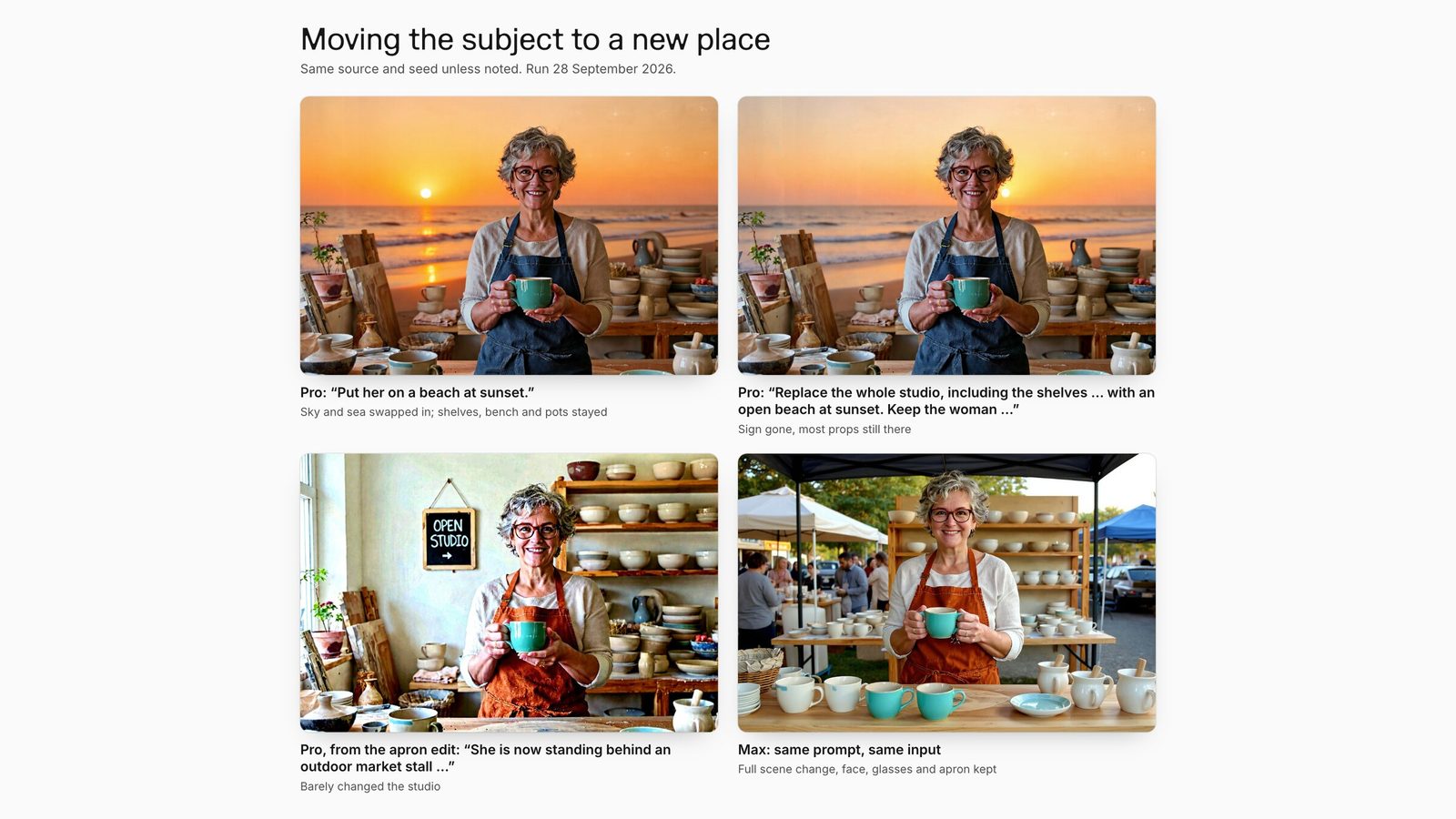 Four Kontext edits moving the ceramicist to a beach or market: Pro kept studio props in three cases; Max produced a full market-stall scene with her likeness intact.