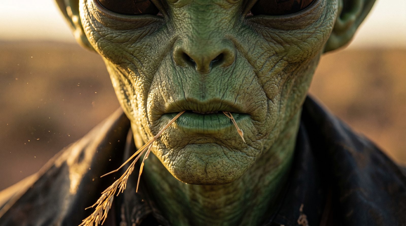 Cinematic close-up concept of a green-skinned alien in a dark coat against a sunlit desert.