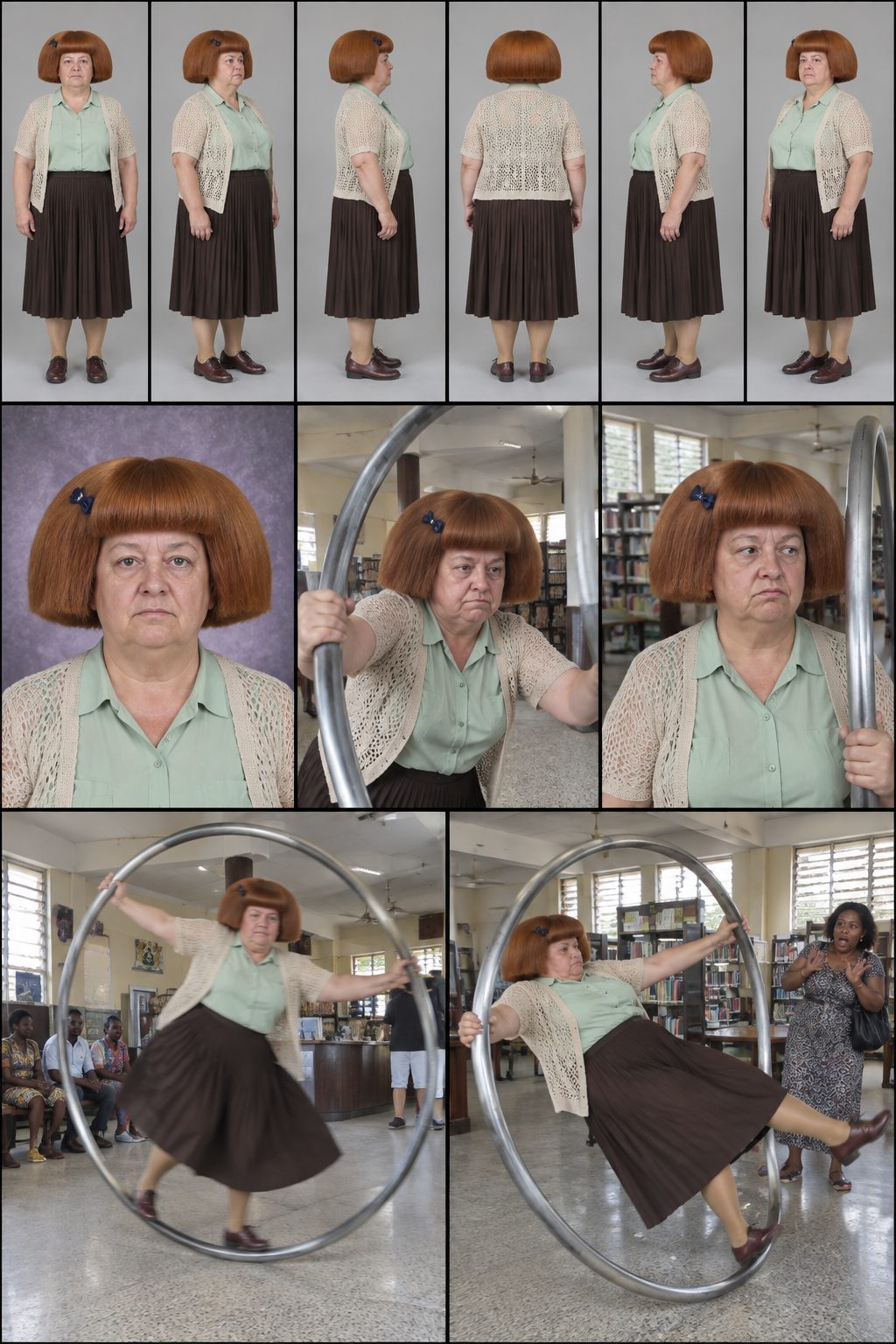 AI character sheet of Agnes Biney, a 58-year-old records archivist with a copper bob, in a six-view turnaround, portrait, close-ups and Cyr wheel spins in a library.