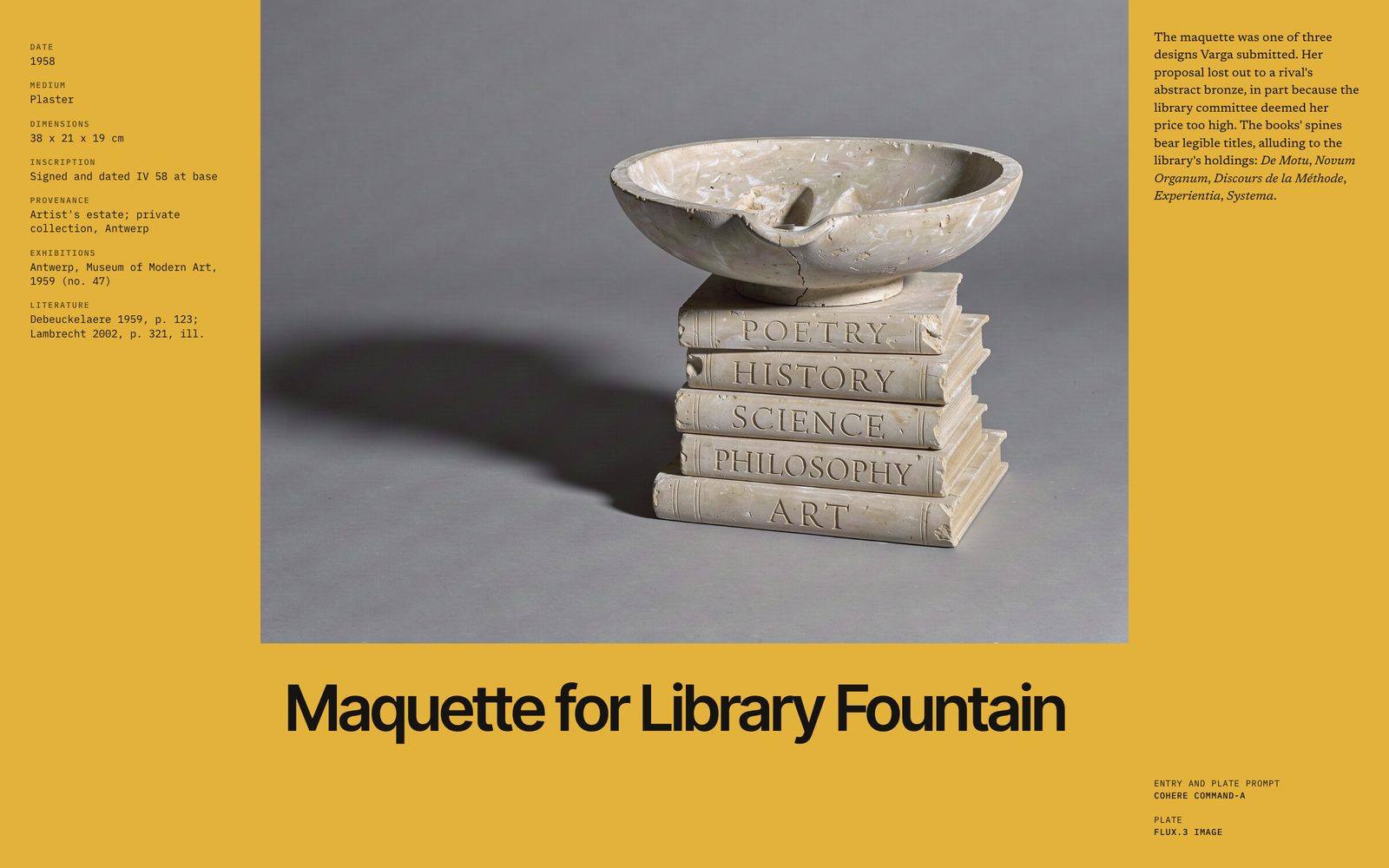 Plaster maquette of a basin on five stacked books against grey, with the title Maquette for Library Fountain and catalogue fields on yellow