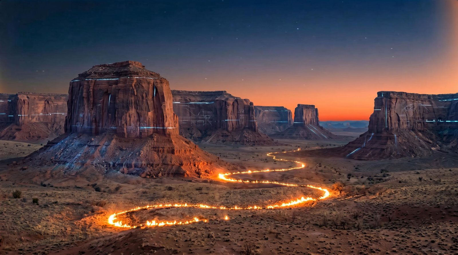 Desert landscape concept with towering buttes and a winding trail of light at twilight.
