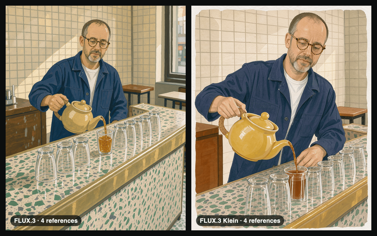 FLUX.3 and FLUX.3 Klein four-reference edits: the man pours tea from the yellow teapot at the terrazzo counter, painted in gouache.
