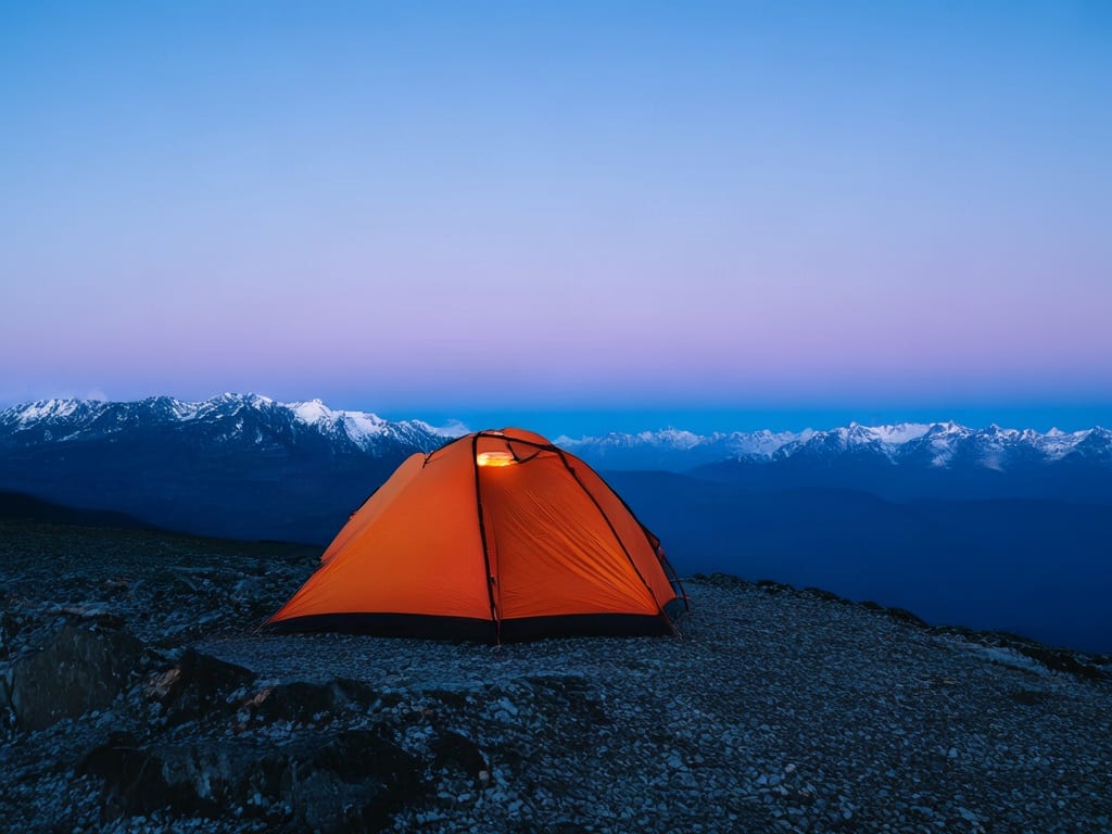 Orange expedition tent above layered mountain ridges at blue hour, generated with Wan-2.2 Lite.