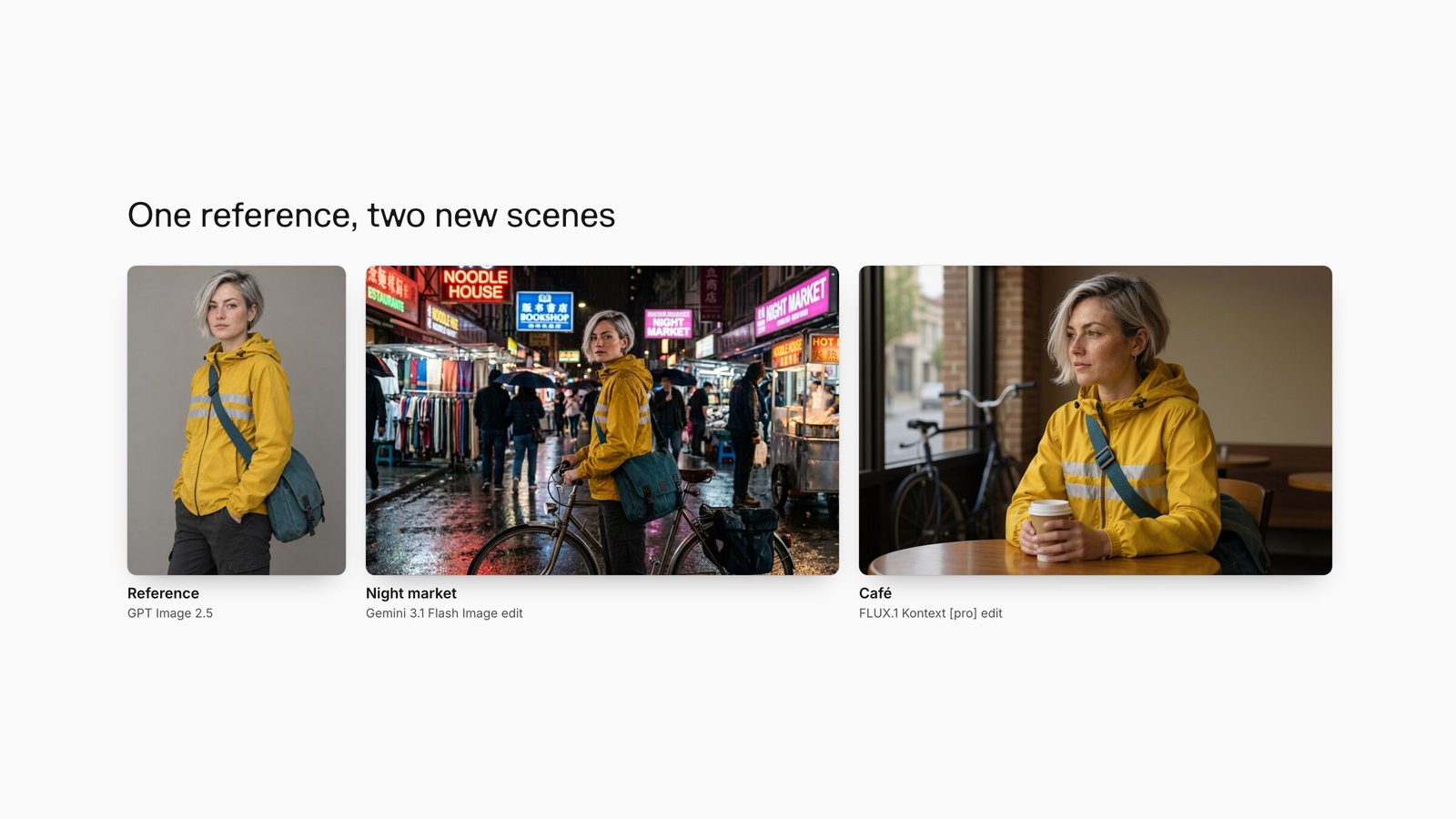 A fictional courier character in a studio reference, then in a rainy night market and a morning café, keeping the same face, hair, jacket and bag.