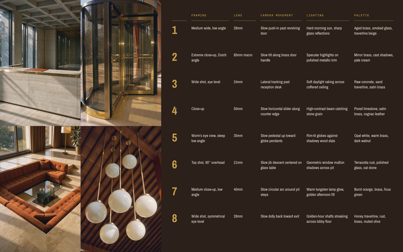Four 1970s hotel lobby photos beside an eight-shot table of framing, lens, camera movement, lighting and palette on dark bronze