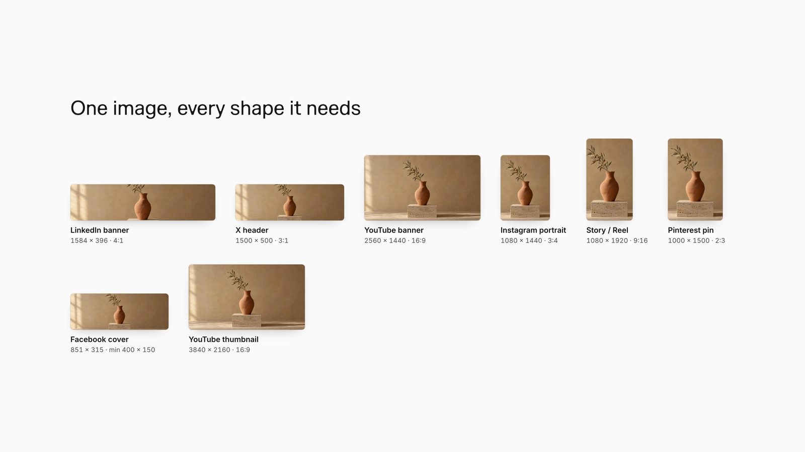 The same campaign image cropped to eight social formats, from a 4:1 LinkedIn banner to a 9:16 story, each labelled with its pixel size.