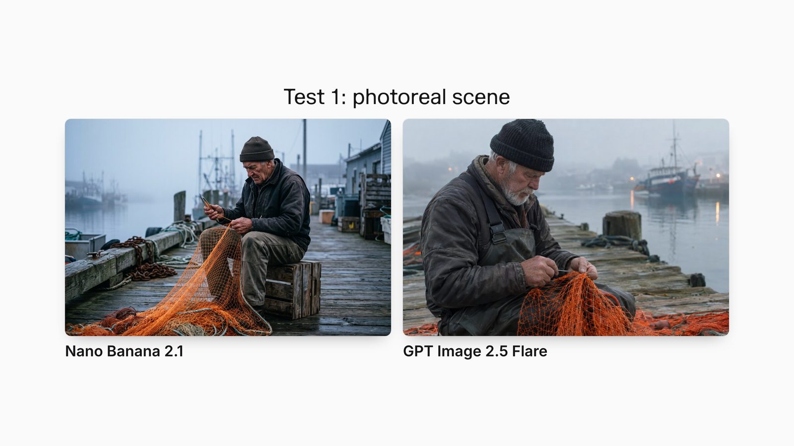 Nano Banana 2.1 and GPT Image 2.5 Flare outputs for the same prompt: an elderly fisherman mending an orange net on a misty wooden dock.