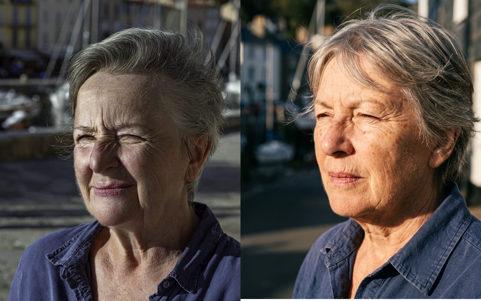 Krea 3 (left) and Nano Banana 2.1 (right) portraits from one prompt: a grey-haired woman in her seventies squinting into hard sun by a harbour.