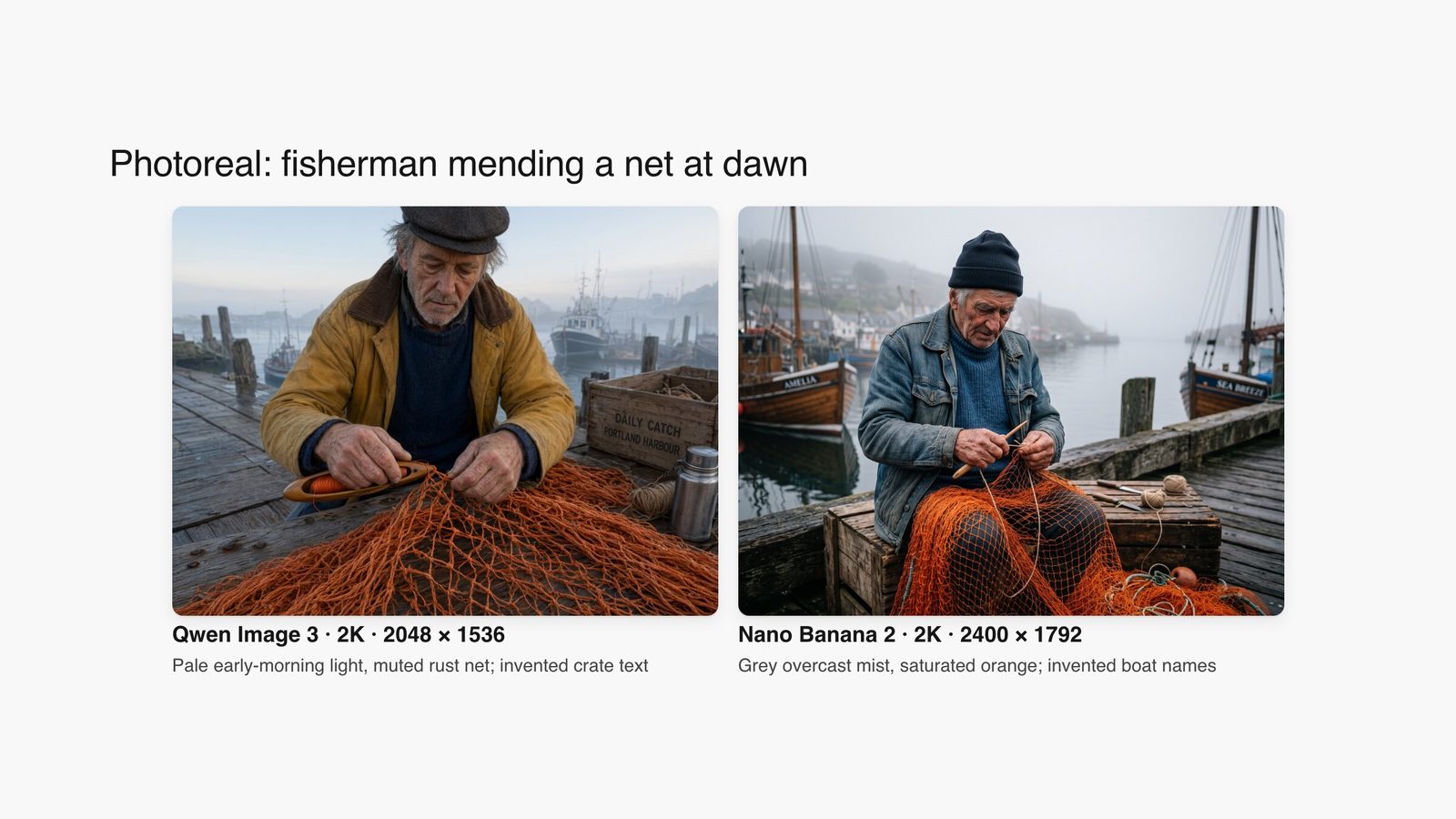 Qwen Image 3 and Nano Banana 2 outputs for the same prompt: an elderly fisherman mending an orange net on a misty wooden dock at dawn.