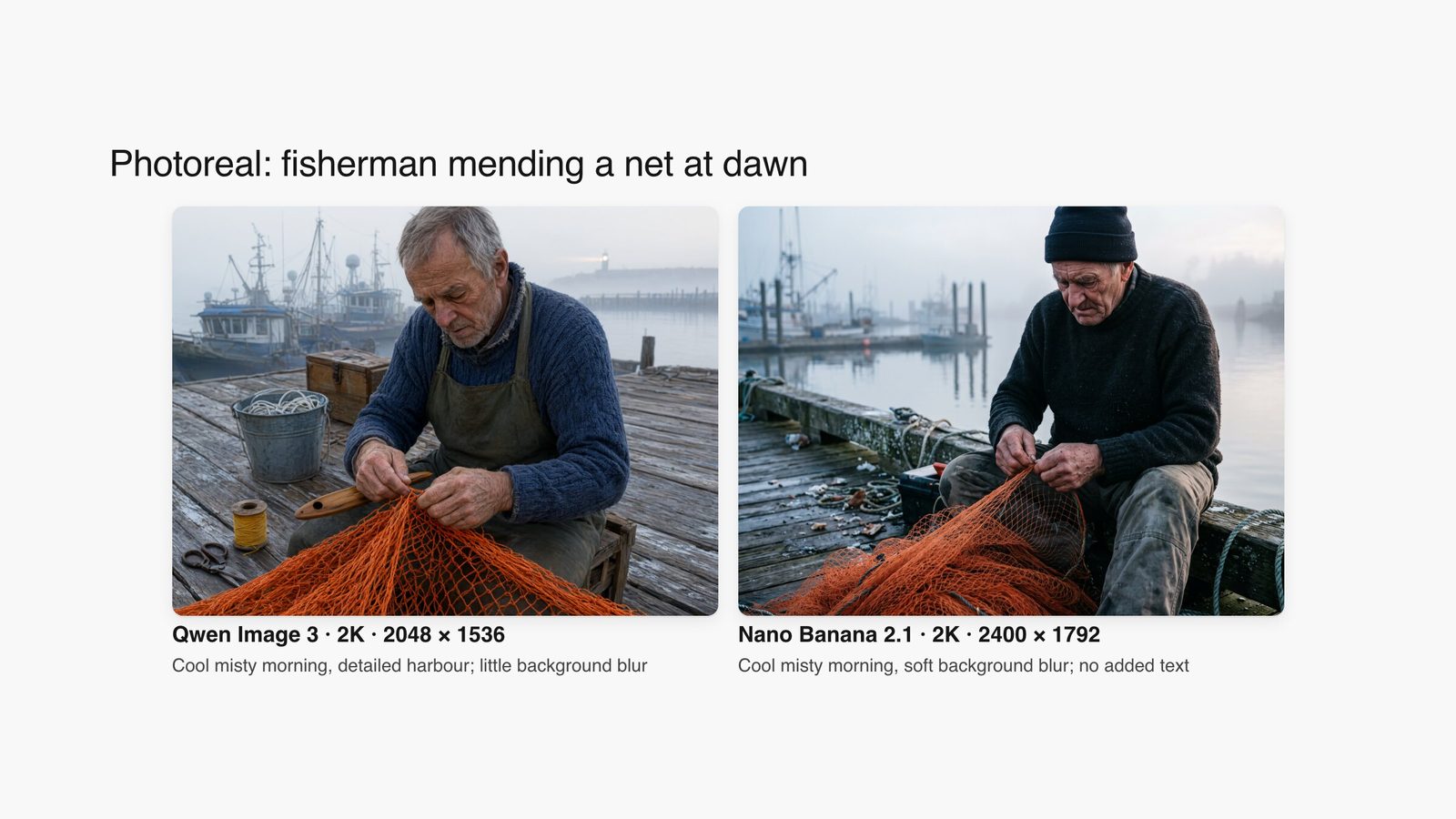 Qwen Image 3 and Nano Banana 2.1 outputs for the same prompt: an elderly fisherman mending an orange net on a misty wooden dock.