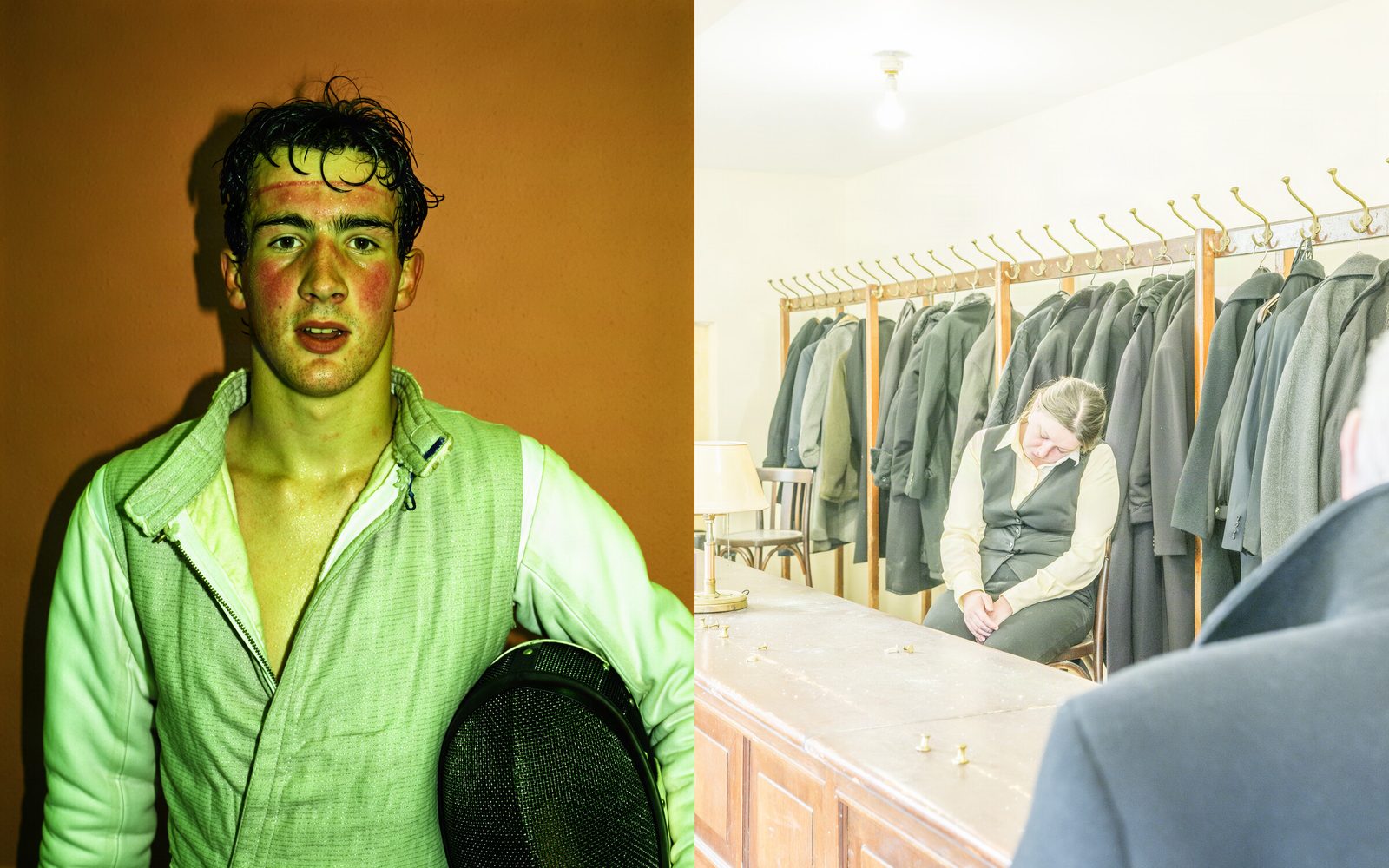 Two Krea 3 images: a sweaty young fencer in cross-processed film colour, and a cloakroom attendant asleep among wool coats in high-key light.