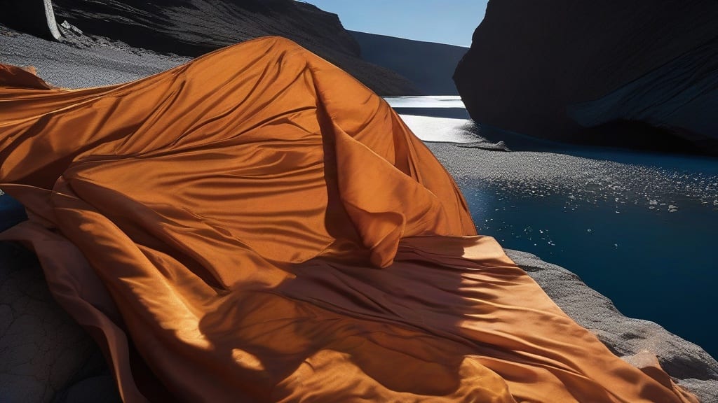 Saffron fabric draped across dark basalt beside a blue glacial pool.